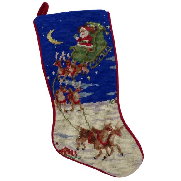 Unbranded Other - VTG Santa Reindeer Christmas Night Snow Needlepoint Stocking Red Velvet Xmas